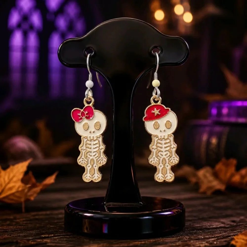 Handcrafted Halloween Boy Girl Skeleton Dangle Earrings